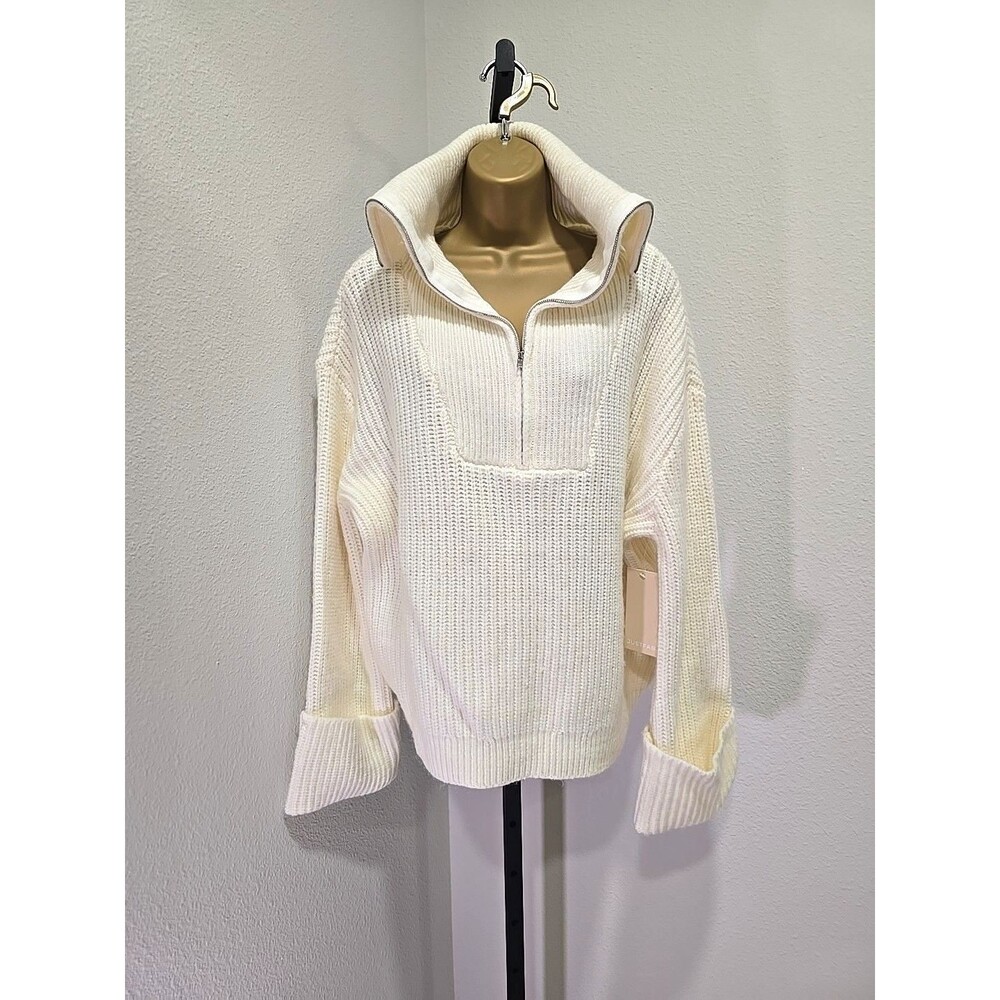 NWT Turtle Neck 1/2 Zip Ribbed Wide Sleeve Sweater Cream Women's Lg Minimalist